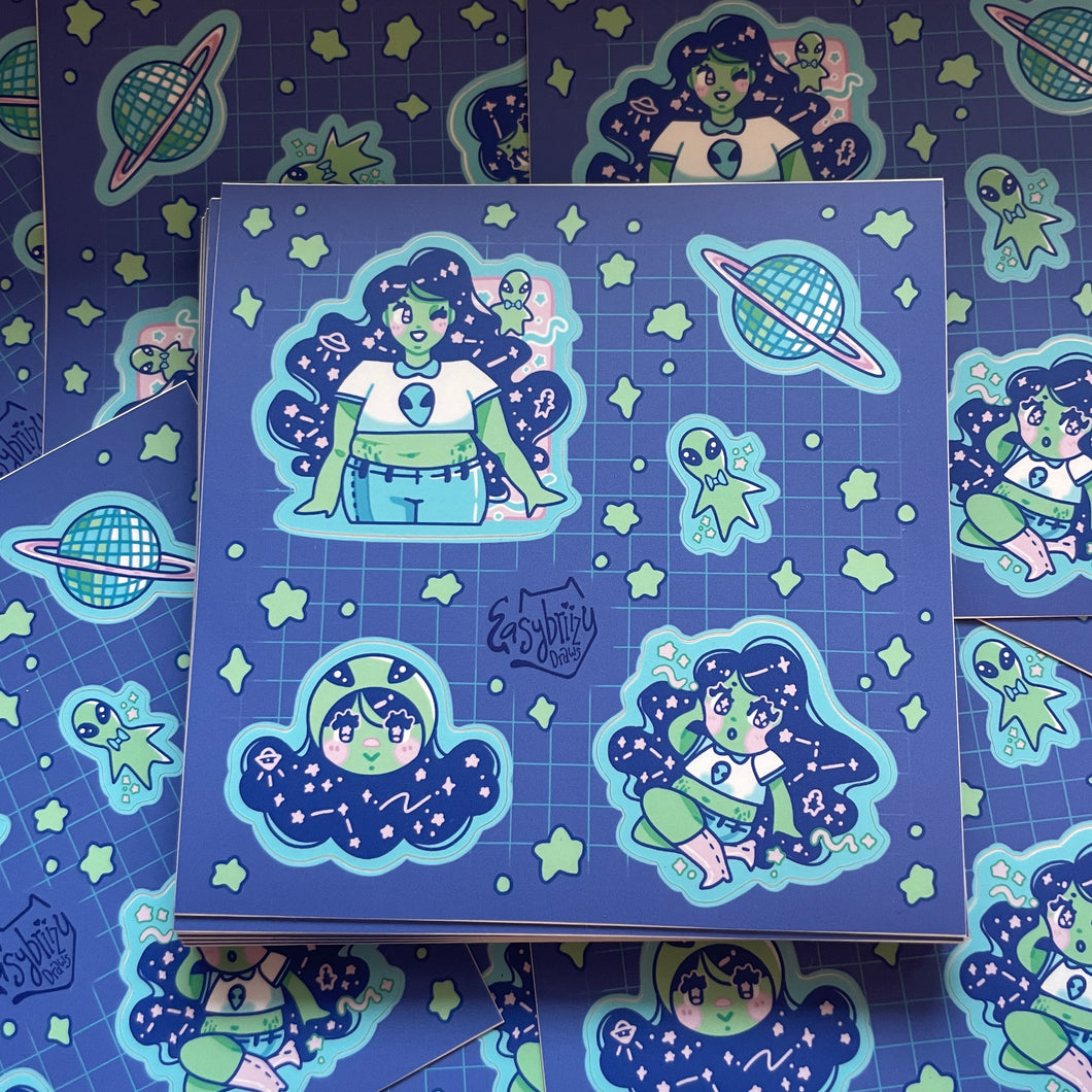 Space Babe and Alien Friend 5x5in Sticker Sheet